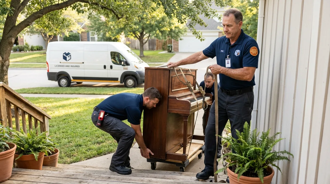 Licensed piano movers securing grand piano in Marathon, WI