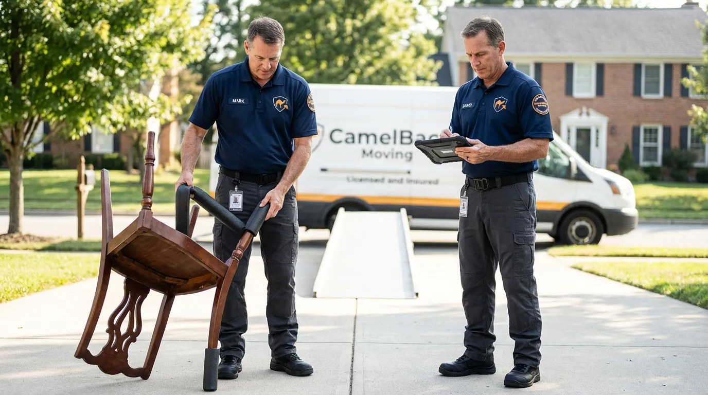 Movers inspecting furniture for damage prevention before loading in Marathon, WI