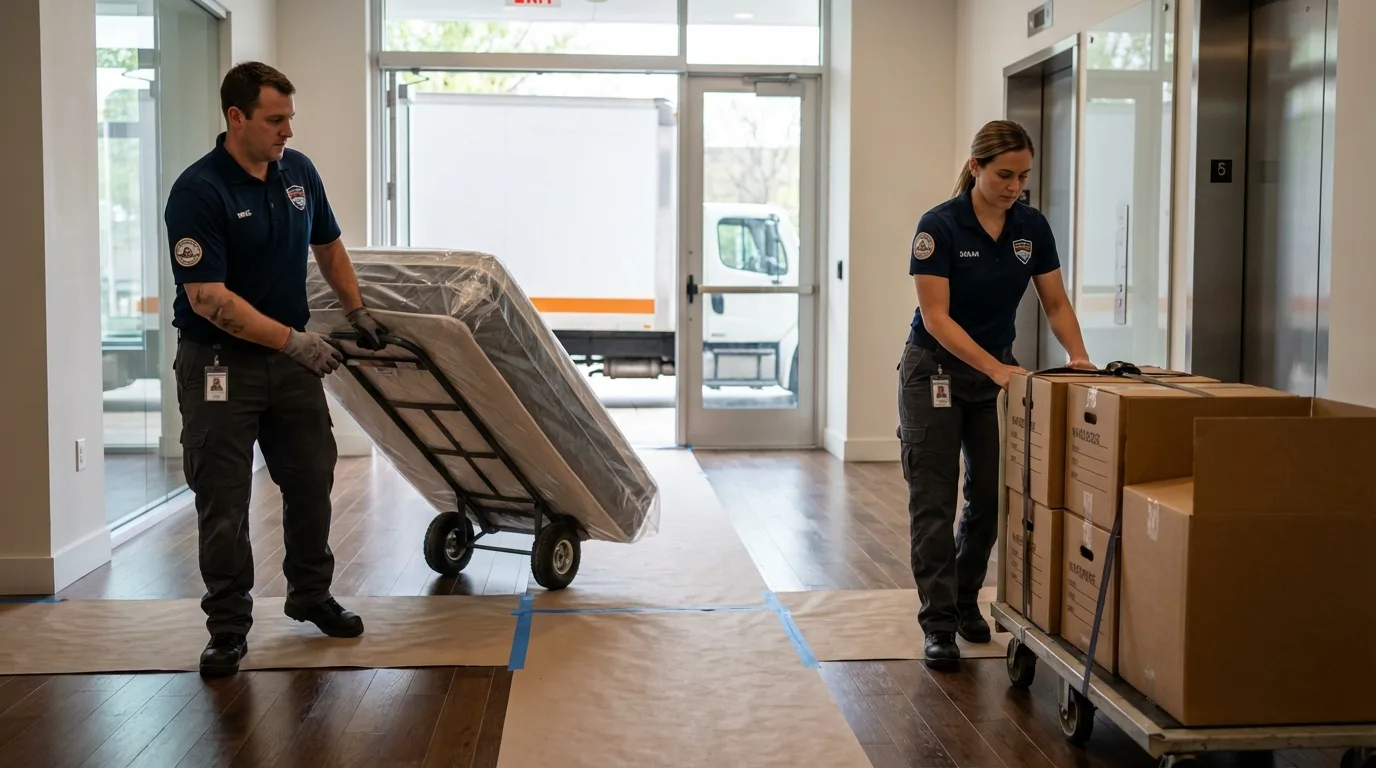Professional apartment movers loading elevator in Marathon, WI