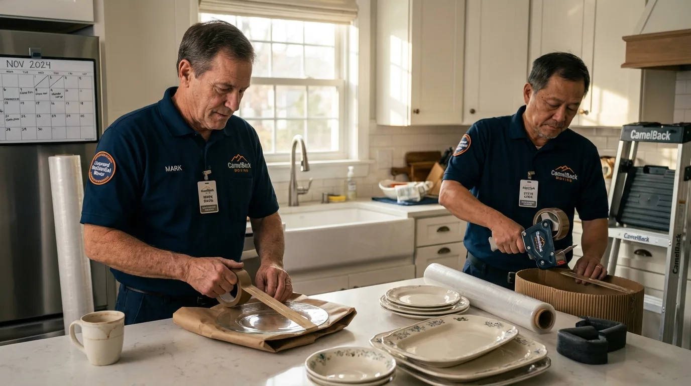 Professional crew packing kitchen dishware in Marathon, WI